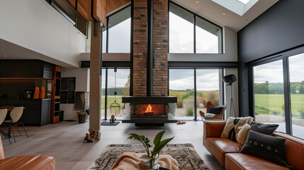 Close-up of a modern fireplace with a tall chimney extending up to a high ceiling, creating a dramatic focal point.