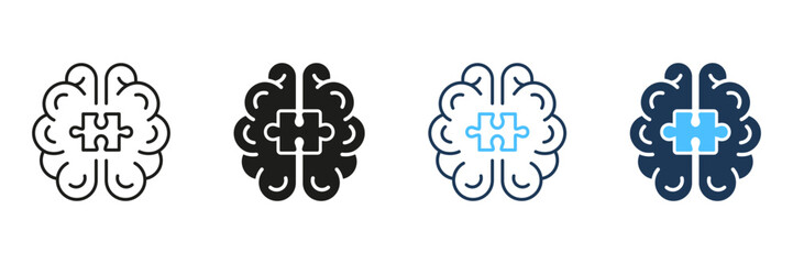 Wall Mural - Jigsaw, Human Mind Concept Line and Silhouette Icon Set. Puzzle and Brain Symbol Collection. Editable Stroke. Isolated Vector Illustration