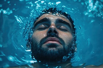 A visually striking image featuring a person partially submerged in clear blue water, capturing the essence of tranquility and serene beauty in aquatic nature.