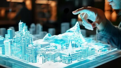 Poster - Architect is touching a futuristic 3d projection of a city model, exploring innovative design solutions for urban development