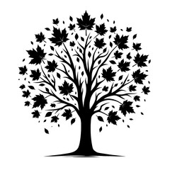 Wall Mural - Black vector silhouette of an autumn tree isolated on a transparent background - Decorative autumn tree clipart