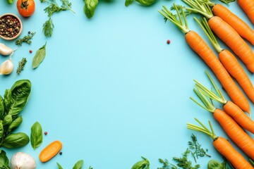 Wall Mural - Fresh carrots herbs on bright blue background