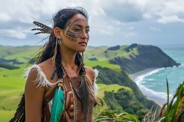 Young Maori woman with traditional face tattoo and feathers