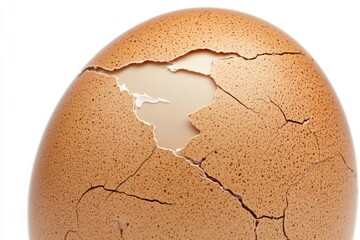 close-up of cracked brown eggshell on white background