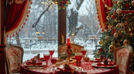 Poster - A table with a red tablecloth and a Christmas tree in the background