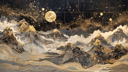 Golden mountains, river, full moon, stars. Luxury landscape wallpaper design with glitter texture on black background.