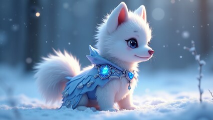 drawing of a small white puppy in a blue cape with precious stones