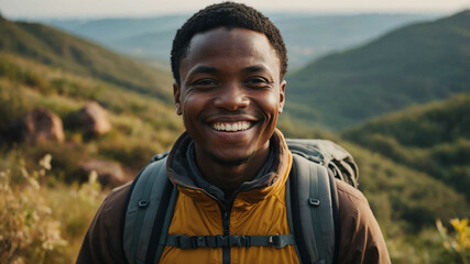 Wall Mural - adult african boy hiking trail background portrait shot