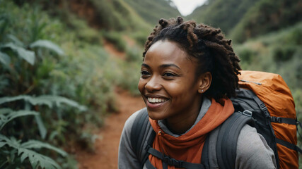 Wall Mural - adult african girl hiking trail background portrait shot