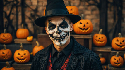 adult caucasian boy halloween theme background portrait shot