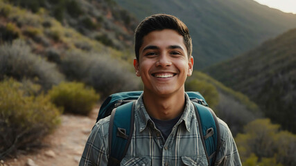 Wall Mural - adult hispanic boy hiking trail background portrait shot