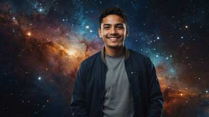 Sticker - adult hispanic boy space cosmos background portrait shot