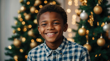 Wall Mural - charming teen african boy christmas tree background portrait shot