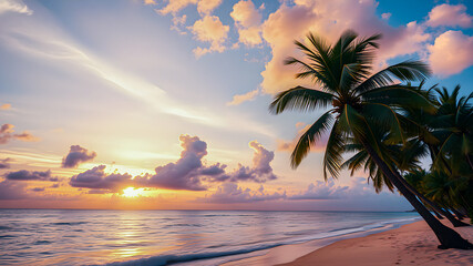 Poster - Island palm tree sea sand beach. Panoramic beach landscape. Inspire tropical beach seascape horizon. Orange and golden sunset sky calmness tranquil relaxing summer mood. Vacation travel tourism AI gen