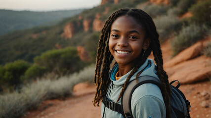 Sticker - charming teen african girl hiking trail background portrait shot