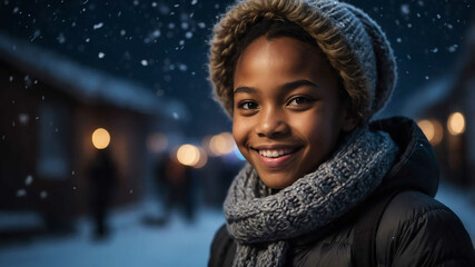 Wall Mural - charming teen african girl winter night background portrait shot