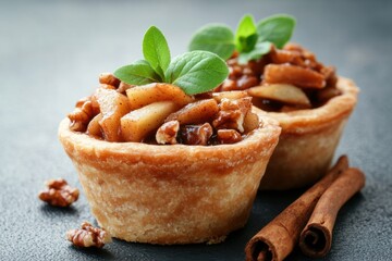 Mini tarts with cinnamon pecans on dark surface