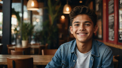 Poster - charming teen hispanic boy cafe restaurant background portrait shot