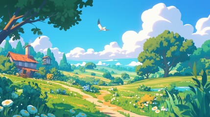 Wall Mural - Cottage in a Green Meadow with a Blue Sky