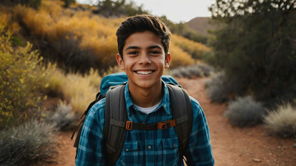 Poster - charming teen hispanic boy hiking trail background portrait shot