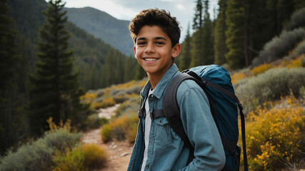 Wall Mural - charming teen hispanic boy hiking trail background portrait shot