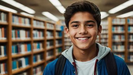 charming teen hispanic boy public library background portrait shot