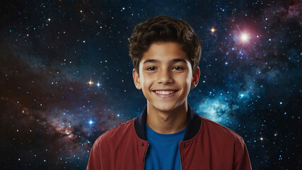 Wall Mural - charming teen hispanic boy space cosmos background portrait shot