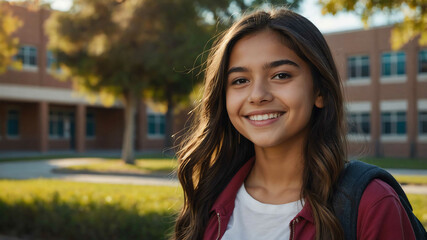 Poster - charming teen hispanic girl school campus background portrait shot