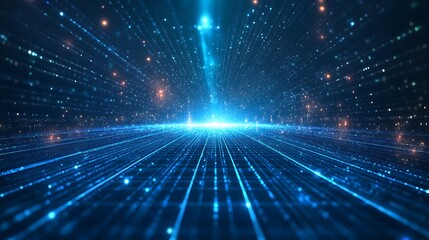 Futuristic digital background with glowing blue lights and abstract lines, representing technology, data, and cyberspace concept.