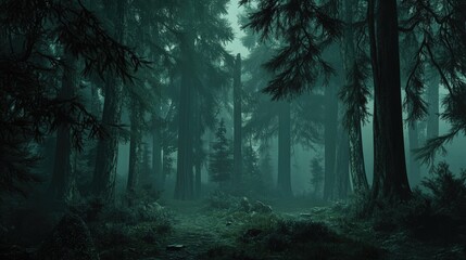 Poster - A dense, dark forest with towering pine trees, creating a mysterious and dramatic natural scene