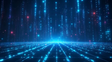 Poster - Futuristic digital data network concept with glowing blue lines and particles in cyberspace, ideal for technology and science themes.