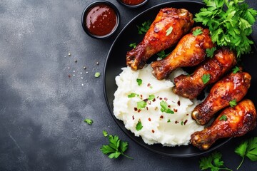 Wall Mural - Delicious grilled chicken drumsticks with mashed potatoes on dark table