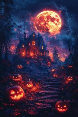 Wall Mural - A haunting Halloween scene featuring creepy pumpkins and a spooky mansion illuminated by a full moon, perfect for Halloween-themed events and decorations with copy space.