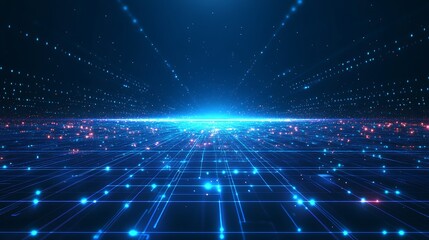 Poster - futuristic digital landscape featuring a glowing blue grid with light particles and depth perspectiv