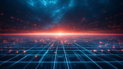 Futuristic digital landscape with a glowing horizon and grid lines, depicting advanced technology and cyberspace concept.