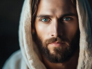 Close-up of a man with striking blue eyes and a full beard, wearing a hooded garment, exuding a serene and contemplative expression.