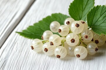 Wall Mural - Fresh white currants with green leaves on wooden background