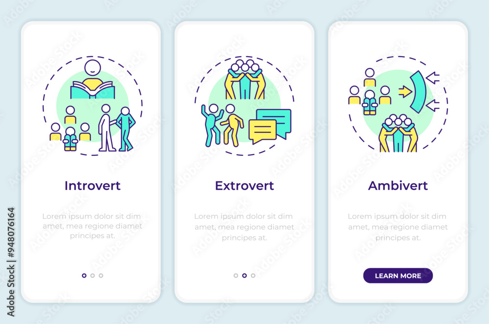 Human personality types onboarding mobile app screen. Walkthrough 3 ...