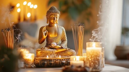 Wall Mural - A golden Buddha statue placed on an altar with lit candles and incense, creating a tranquil and spiritual atmosphere