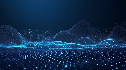 Poster - Futuristic digital landscape with glowing blue particles and waves in a dark background, representing technology and innovation.
