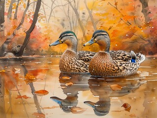 Two Mallard Ducks in Autumn Pond - Watercolor Painting