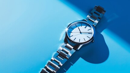 A silver wristwatch with a white face lays on a blue surface.