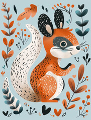 Wall Mural - A cute cartoon squirrel is sitting on a leafy background