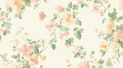 Wall Mural - A classic European wallpaper with a repeating pattern of delicate floral vines in soft pastel colors on a cream background. The floral design is concentrated around the edges, leaving a large central