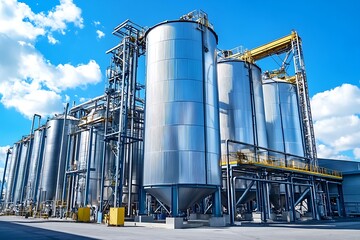 Modern industrial facility with shiny metallic silos under a bright blue sky, showcasing agriculture grain storage