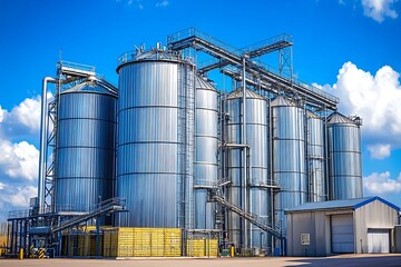 Modern industrial facility with shiny metallic silos under a bright blue sky, showcasing agriculture grain storage