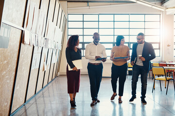 Aufkleber - Business people, walking and discussion in office for teamwork, research or planning project together. Startup, technology and creative agency with digital company partnership in workplace for media