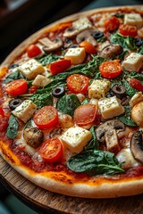 Vegan Pizza - A pizza topped with tomato sauce, dairy-free cheese, and a variety of vegetables like mushrooms, spinach, and olives.