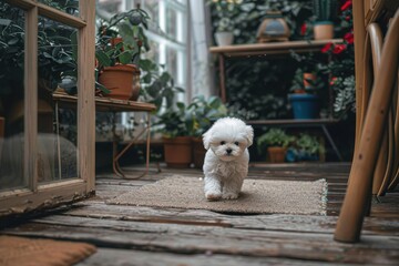 Wall Mural - Cute little bichon frise running through house Cute little playful bichon frise running through house