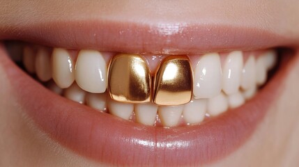 Poster - A smile revealing a gold tooth among natural teeth, showcasing unique dental aesthetics and choices